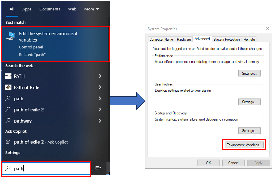 Mở cửa sổ Environment Variables