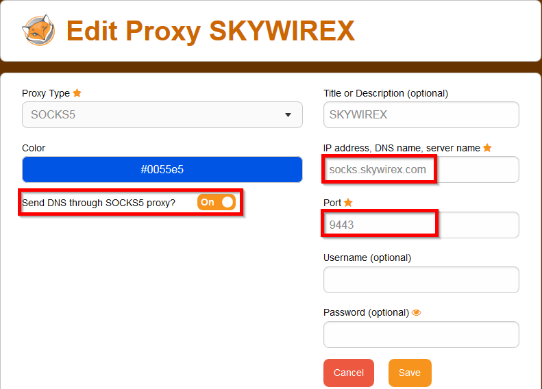 Thiết lập thông số của skywireX với FoxyProxy